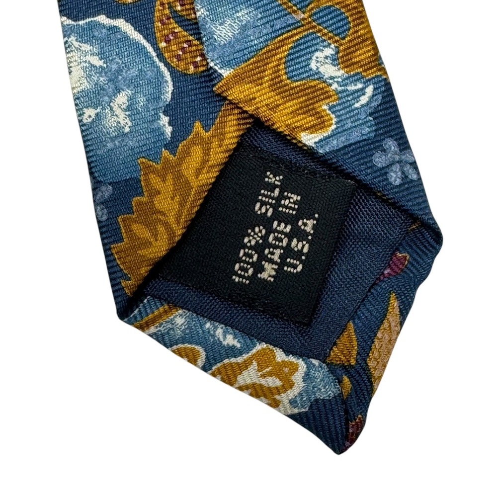 Structure Blue Gold Floral Geometric Italian Silk Made in USA 57" x 4" Necktie - Picture 5 of 8